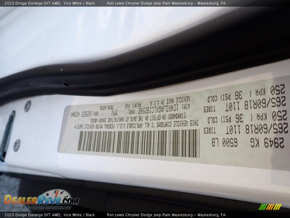 2020 Dodge Durango SXT AWD Vice White / Black Photo #16