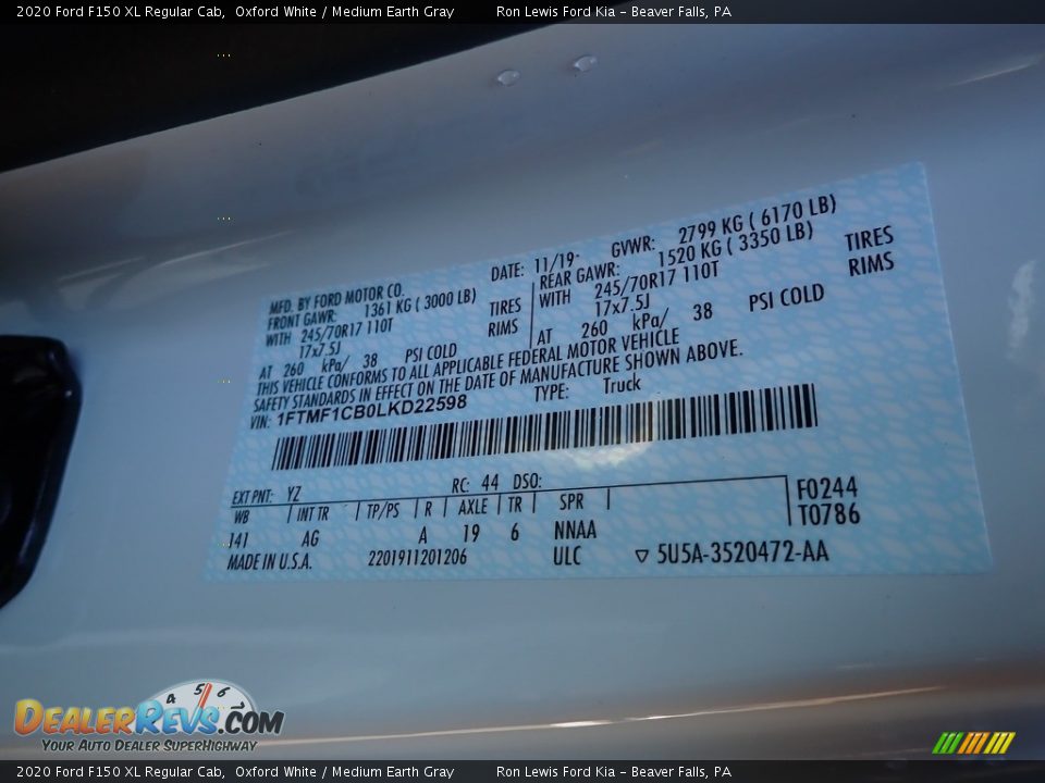 2020 Ford F150 XL Regular Cab Oxford White / Medium Earth Gray Photo #12