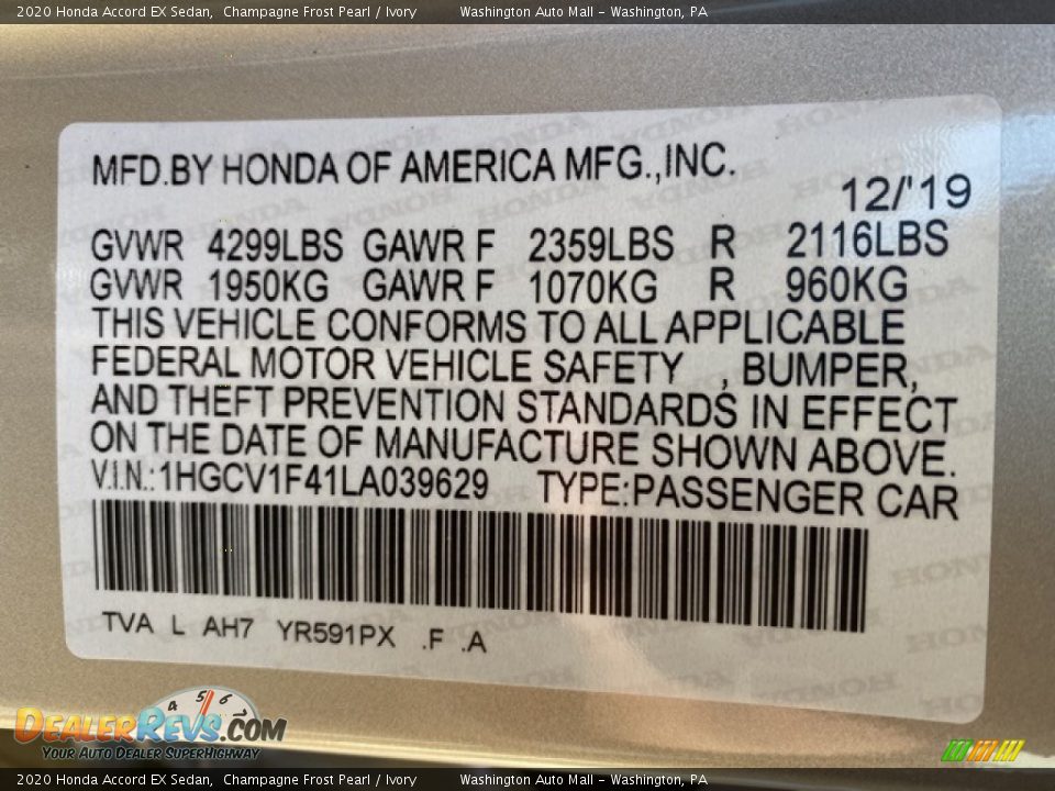 2020 Honda Accord EX Sedan Champagne Frost Pearl / Ivory Photo #9