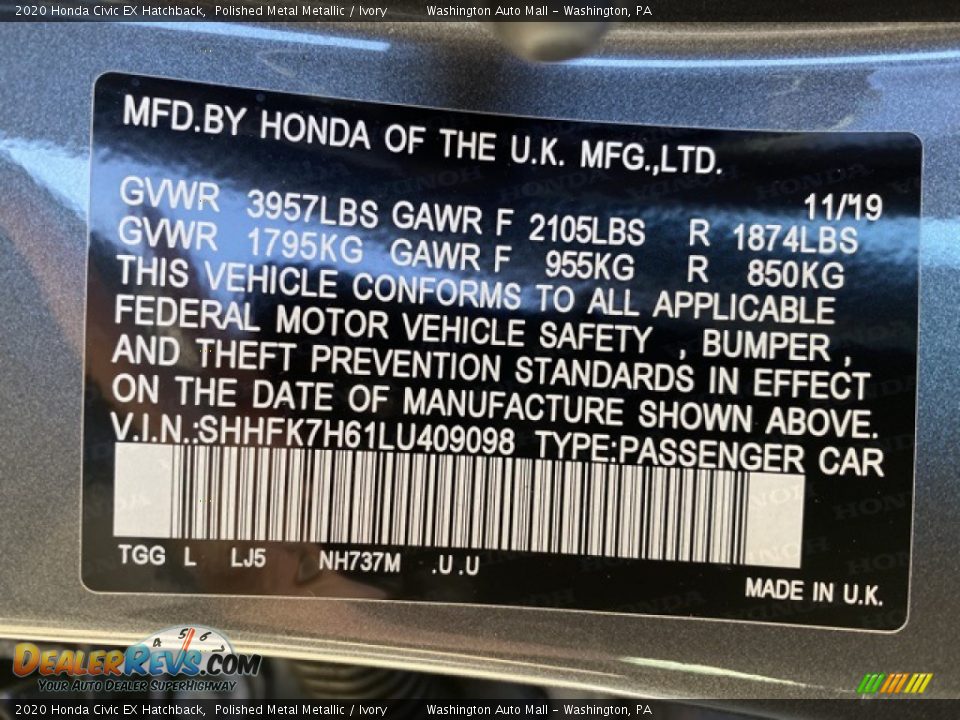 2020 Honda Civic EX Hatchback Polished Metal Metallic / Ivory Photo #9