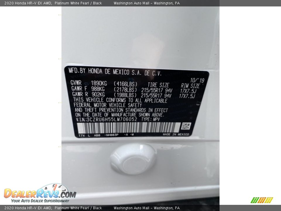 2020 Honda HR-V EX AWD Platinum White Pearl / Black Photo #9