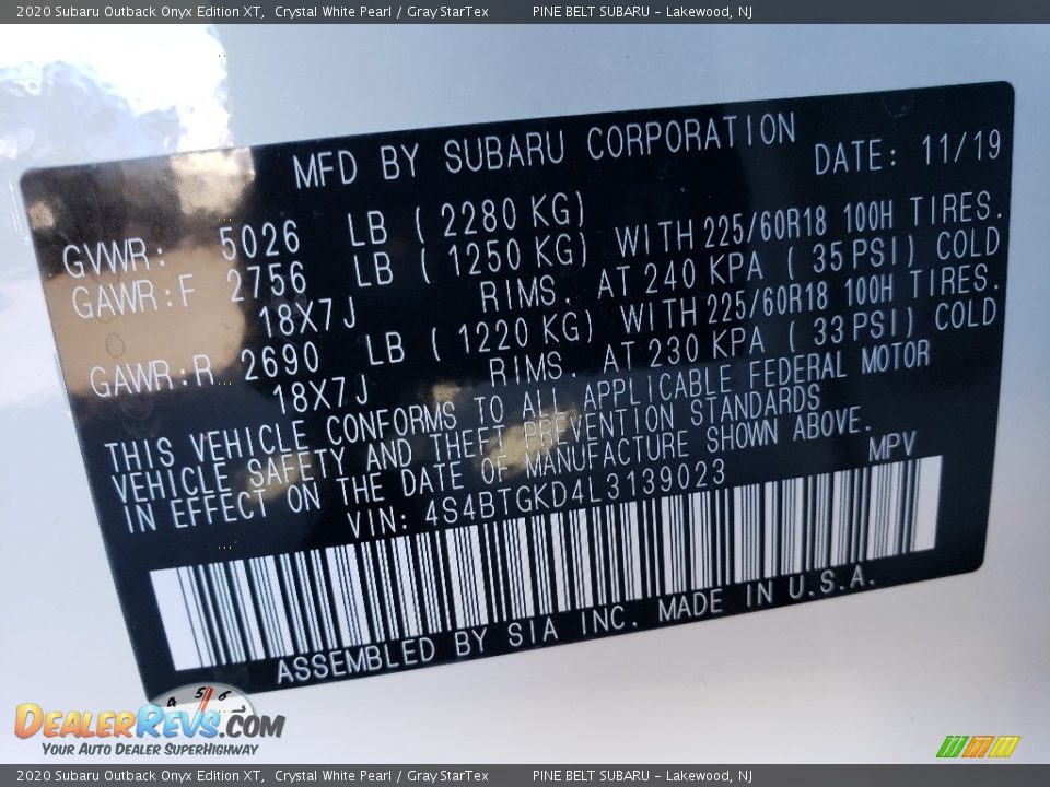 2020 Subaru Outback Onyx Edition XT Crystal White Pearl / Gray StarTex Photo #9