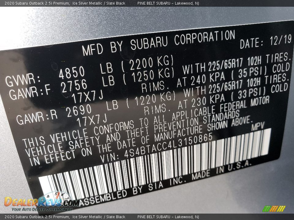 2020 Subaru Outback 2.5i Premium Ice Silver Metallic / Slate Black Photo #9