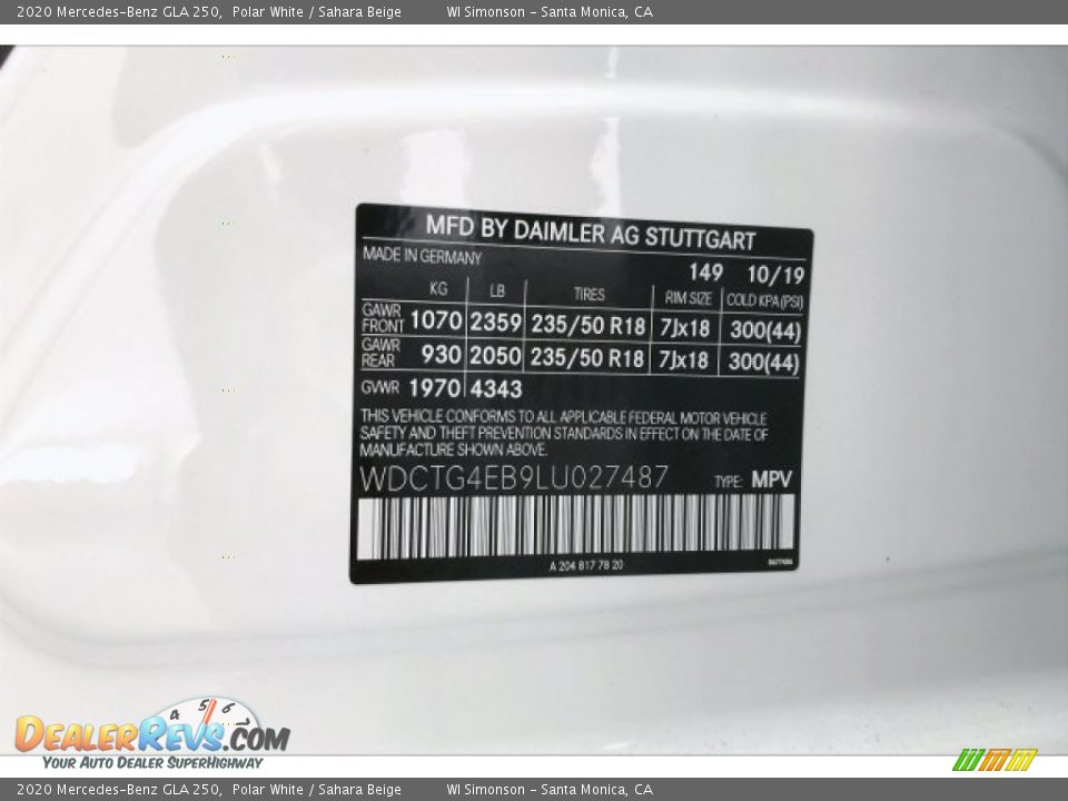 2020 Mercedes-Benz GLA 250 Polar White / Sahara Beige Photo #11