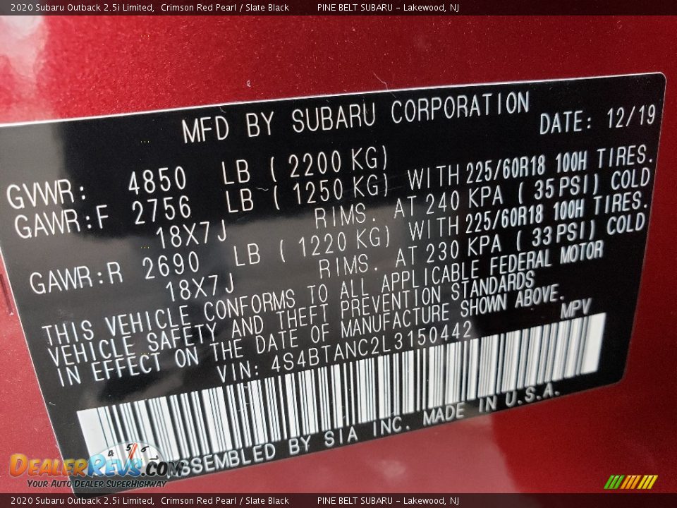 2020 Subaru Outback 2.5i Limited Crimson Red Pearl / Slate Black Photo #9