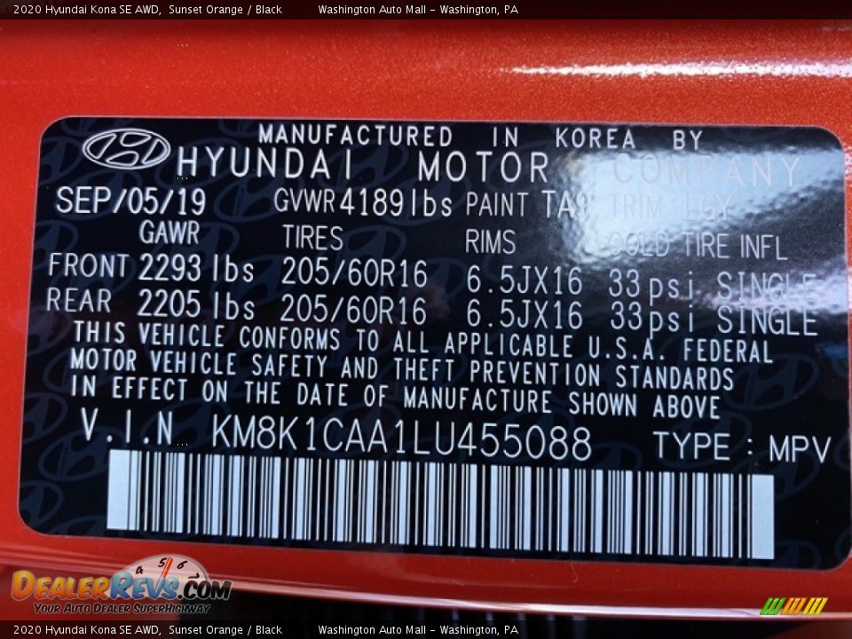 2020 Hyundai Kona SE AWD Sunset Orange / Black Photo #10