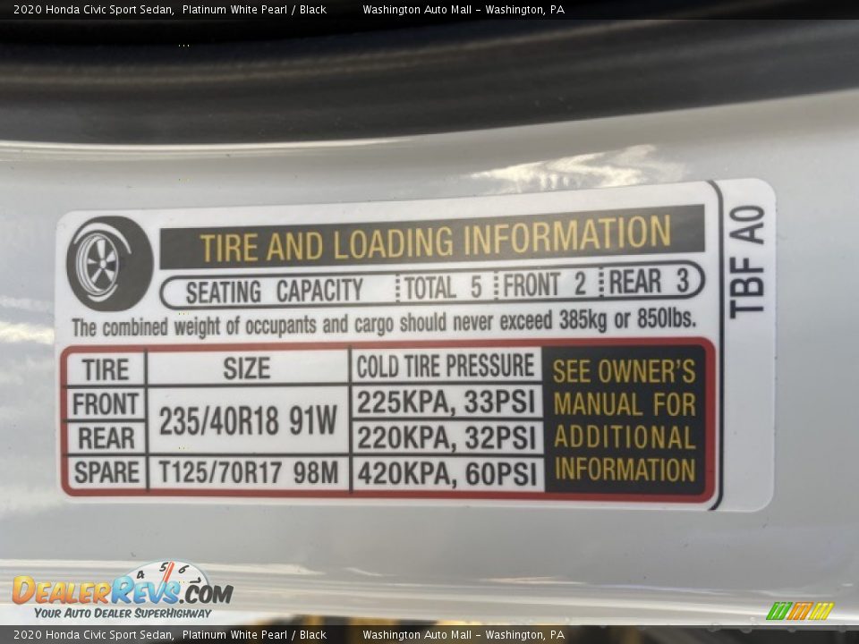 2020 Honda Civic Sport Sedan Platinum White Pearl / Black Photo #8