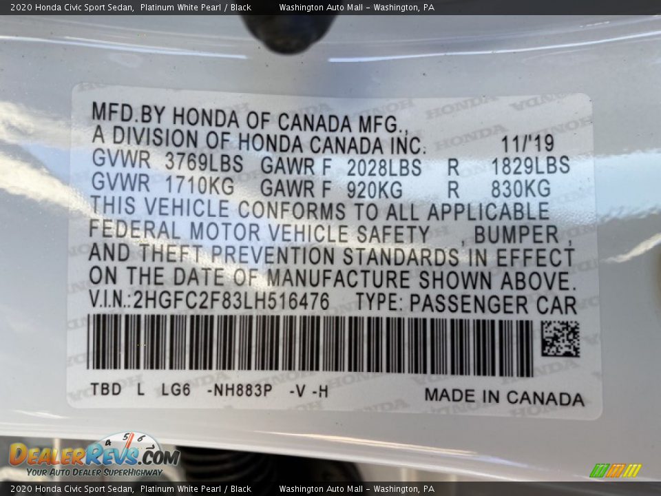 2020 Honda Civic Sport Sedan Platinum White Pearl / Black Photo #9