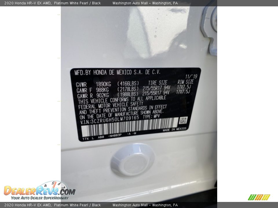 2020 Honda HR-V EX AWD Platinum White Pearl / Black Photo #9