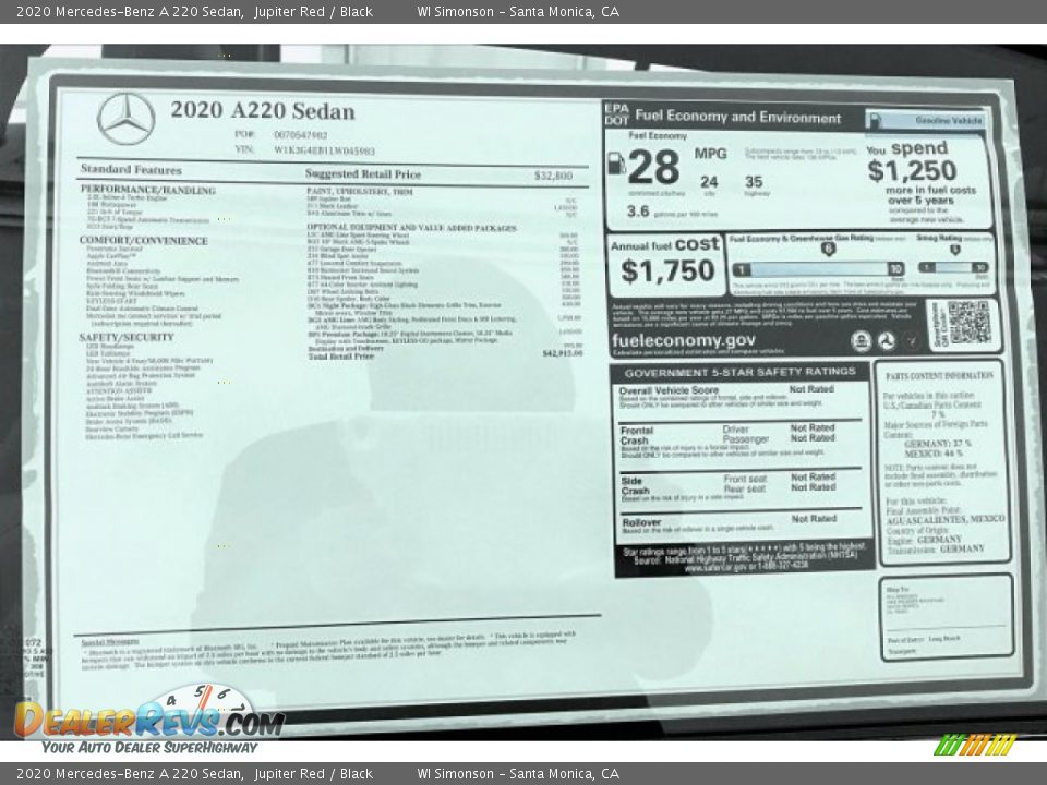 2020 Mercedes-Benz A 220 Sedan Jupiter Red / Black Photo #10