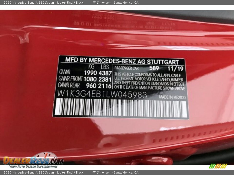 2020 Mercedes-Benz A 220 Sedan Jupiter Red / Black Photo #11