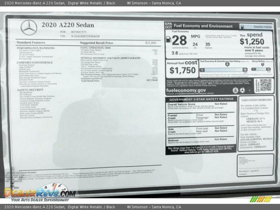 2020 Mercedes-Benz A 220 Sedan Digital White Metallic / Black Photo #10