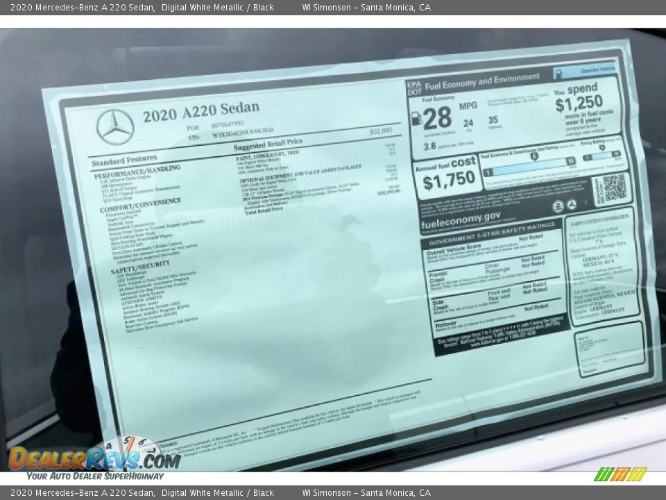 2020 Mercedes-Benz A 220 Sedan Digital White Metallic / Black Photo #10