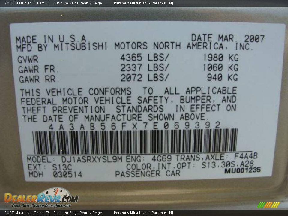 2007 Mitsubishi Galant ES Platinum Beige Pearl / Beige Photo #16