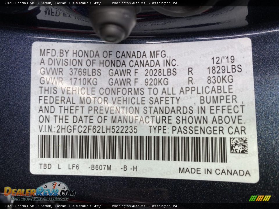 2020 Honda Civic LX Sedan Cosmic Blue Metallic / Gray Photo #9