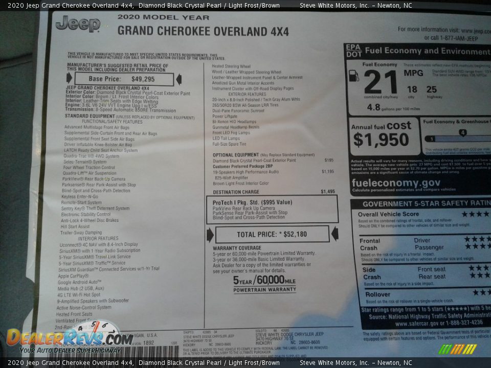 2020 Jeep Grand Cherokee Overland 4x4 Diamond Black Crystal Pearl / Light Frost/Brown Photo #36