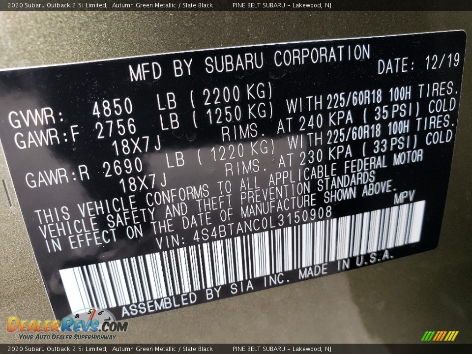 2020 Subaru Outback 2.5i Limited Autumn Green Metallic / Slate Black Photo #9