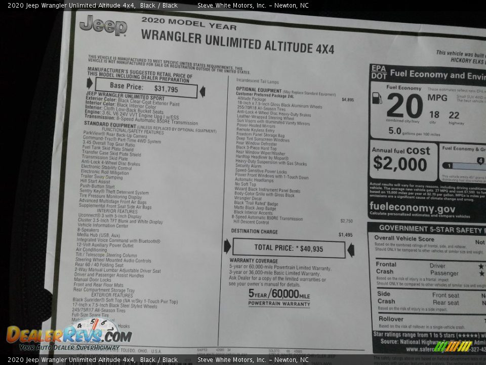 2020 Jeep Wrangler Unlimited Altitude 4x4 Window Sticker Photo #27