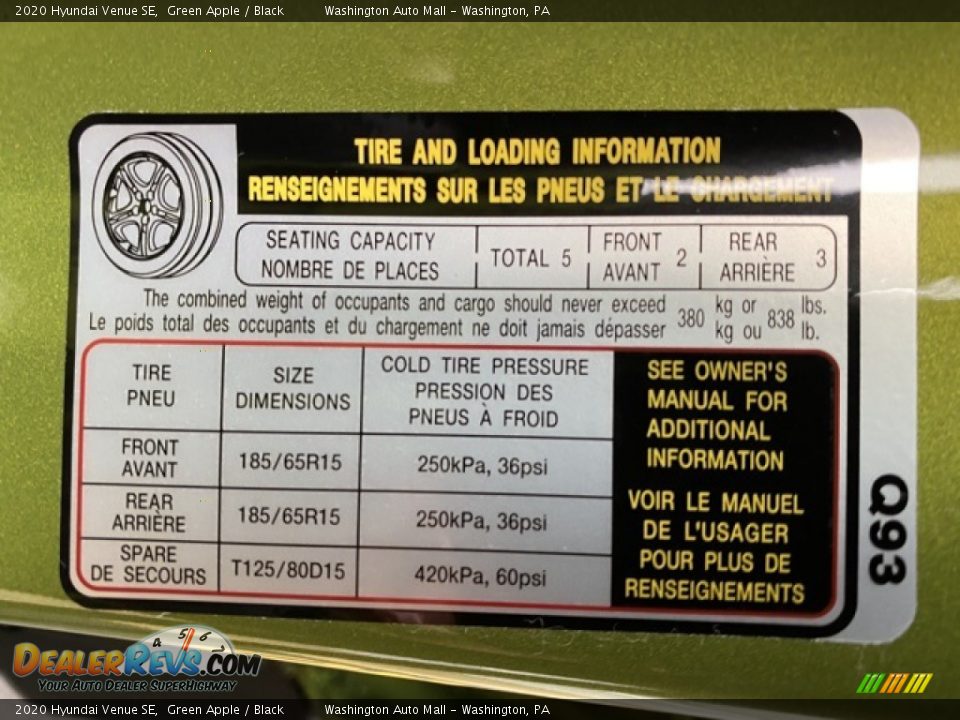 Info Tag of 2020 Hyundai Venue SE Photo #9