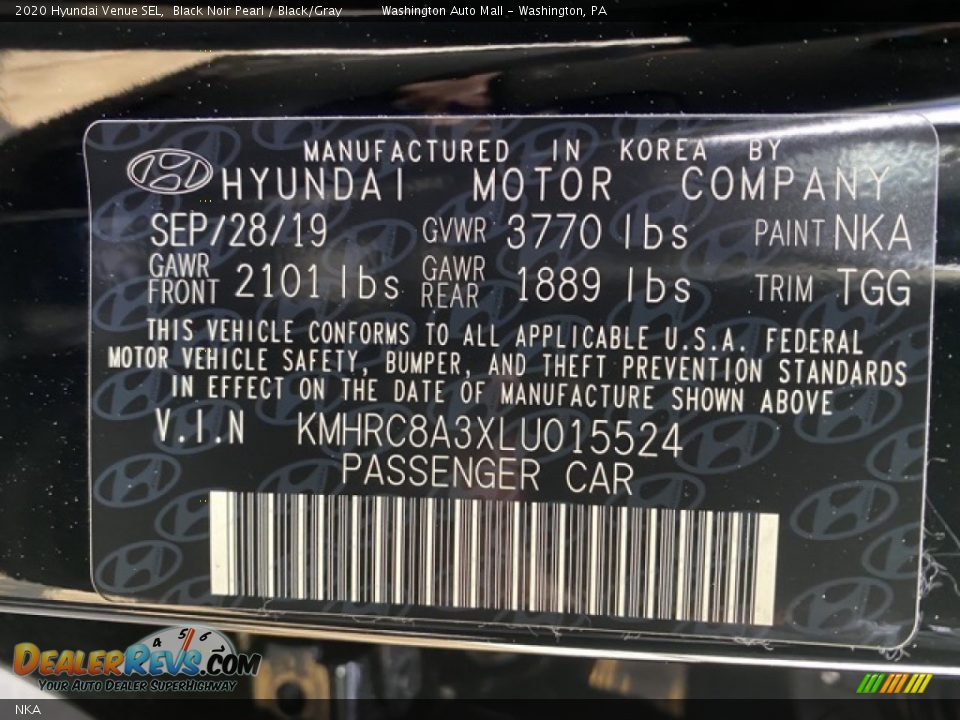 Hyundai Color Code NKA Black Noir Pearl