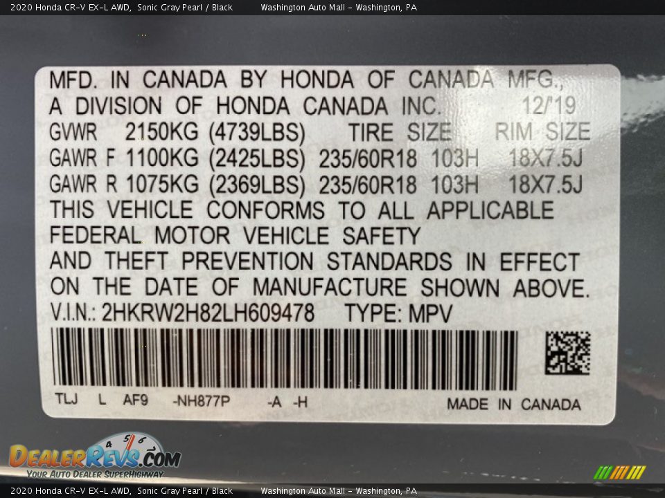 2020 Honda CR-V EX-L AWD Sonic Gray Pearl / Black Photo #9