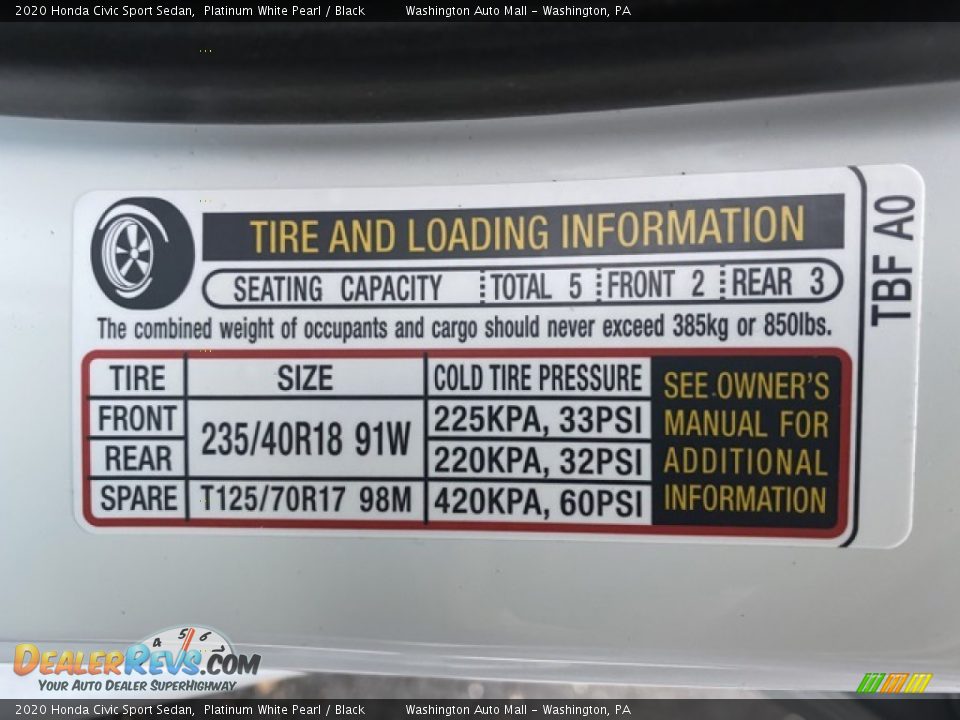 2020 Honda Civic Sport Sedan Platinum White Pearl / Black Photo #8