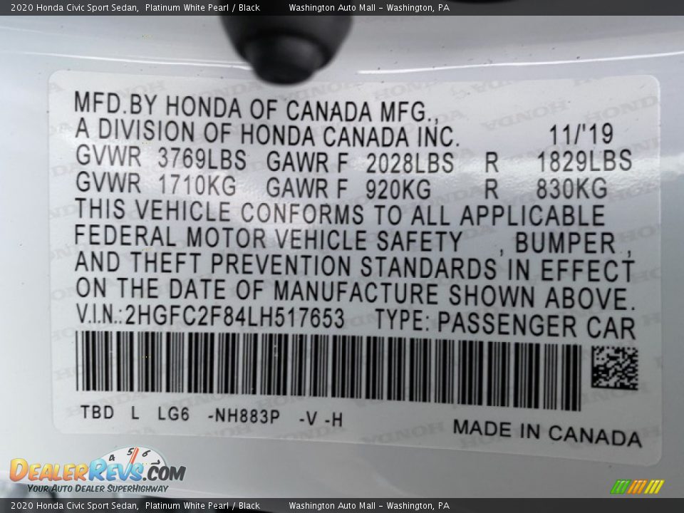 2020 Honda Civic Sport Sedan Platinum White Pearl / Black Photo #9