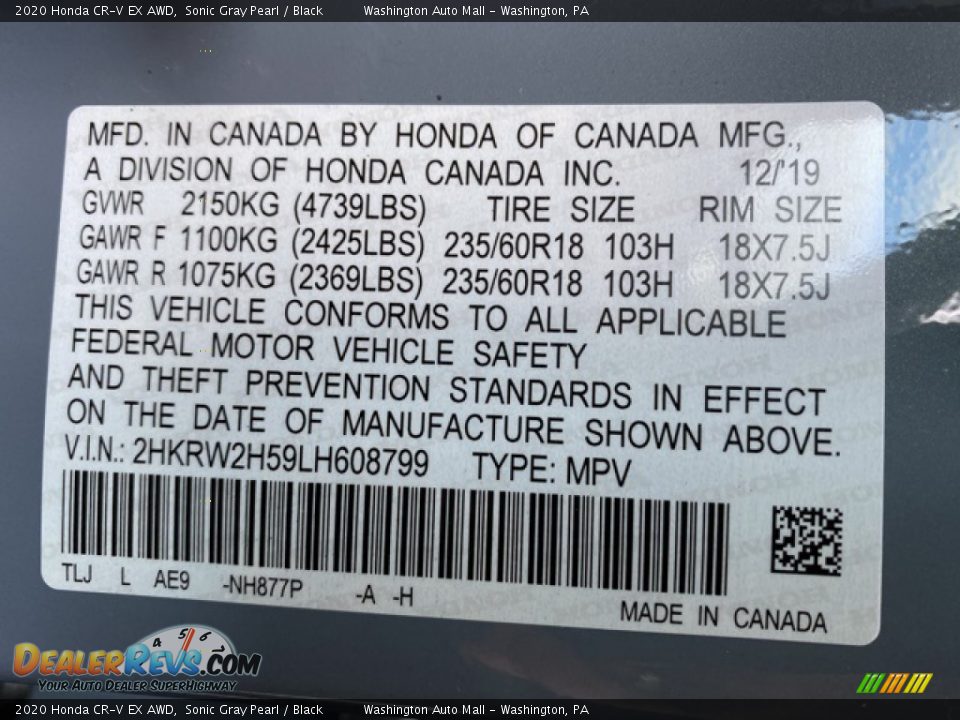 2020 Honda CR-V EX AWD Sonic Gray Pearl / Black Photo #9