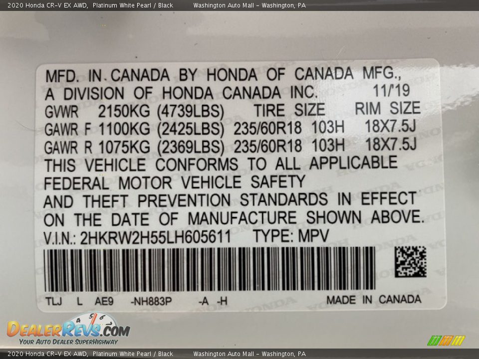2020 Honda CR-V EX AWD Platinum White Pearl / Black Photo #9