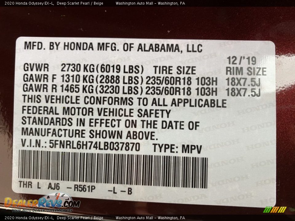 2020 Honda Odyssey EX-L Deep Scarlet Pearl / Beige Photo #9