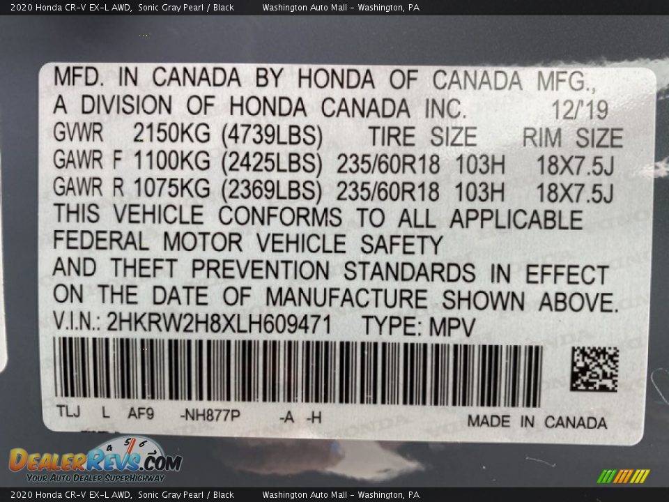 2020 Honda CR-V EX-L AWD Sonic Gray Pearl / Black Photo #9