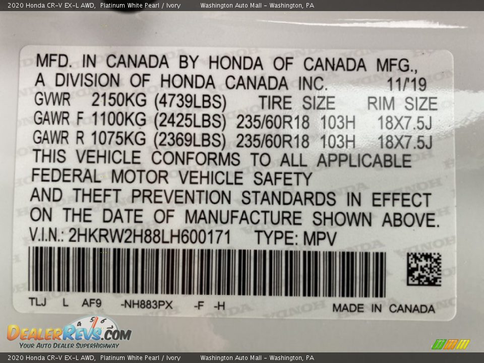 2020 Honda CR-V EX-L AWD Platinum White Pearl / Ivory Photo #9