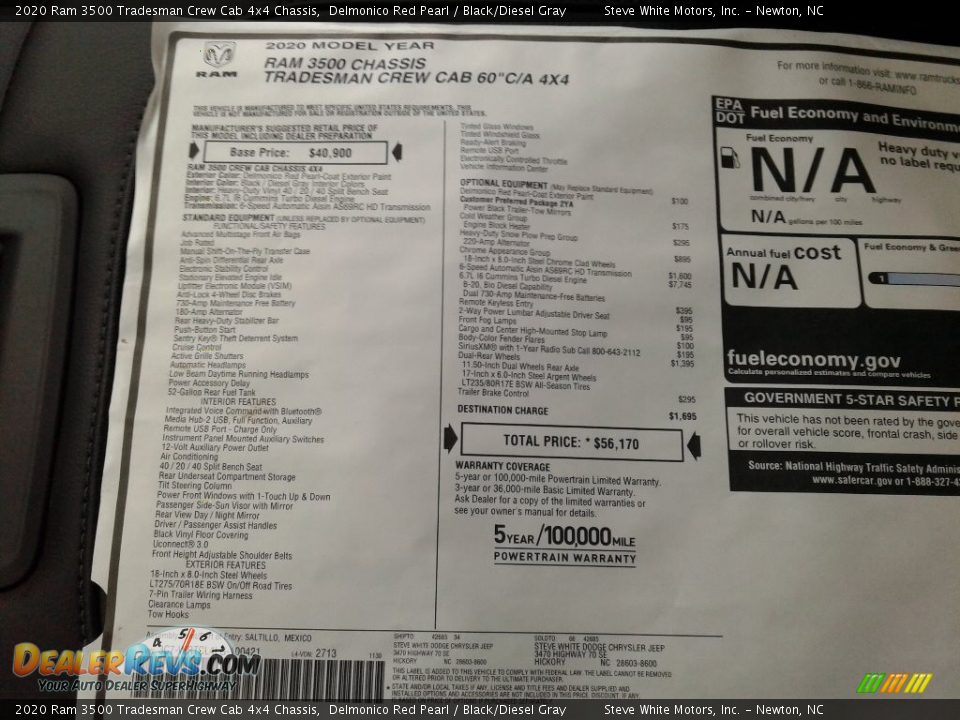2020 Ram 3500 Tradesman Crew Cab 4x4 Chassis Window Sticker Photo #25