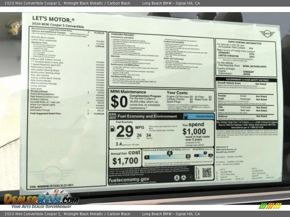 2020 Mini Convertible Cooper S Midnight Black Metallic / Carbon Black Photo #10