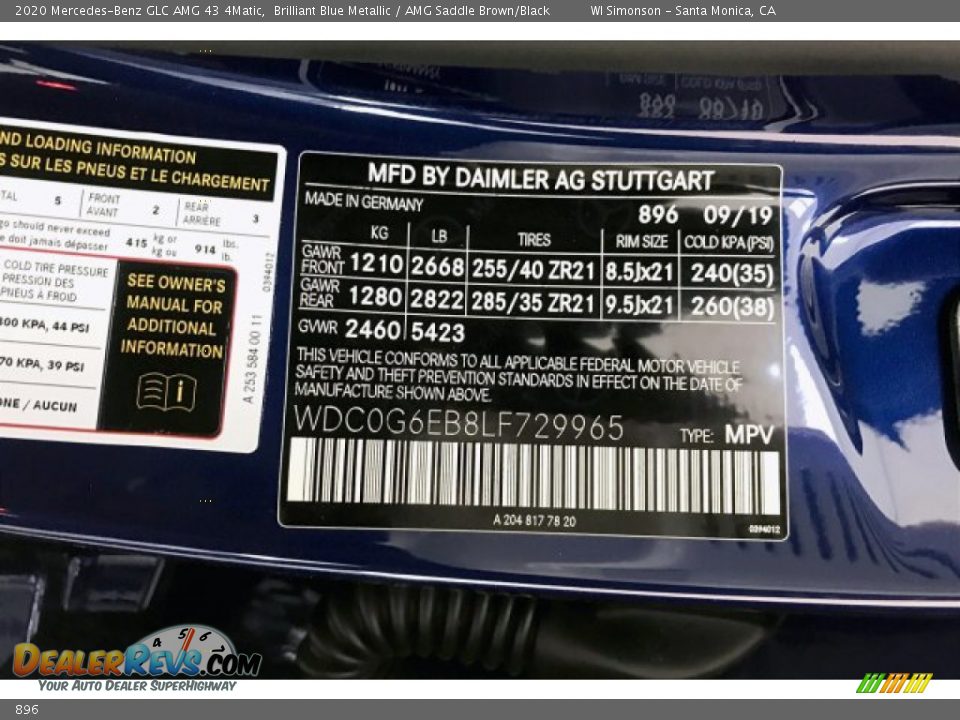 Mercedes-Benz Color Code 896 Brilliant Blue Metallic