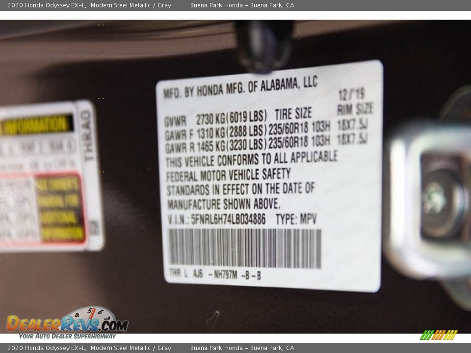 2020 Honda Odyssey EX-L Modern Steel Metallic / Gray Photo #28