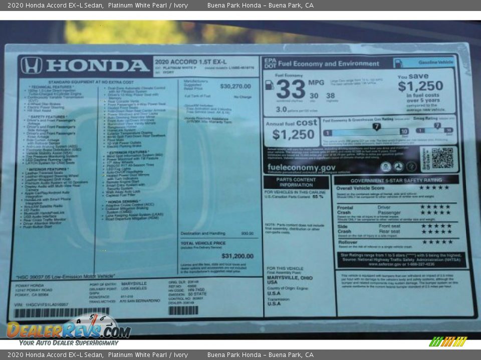 2020 Honda Accord EX-L Sedan Platinum White Pearl / Ivory Photo #16