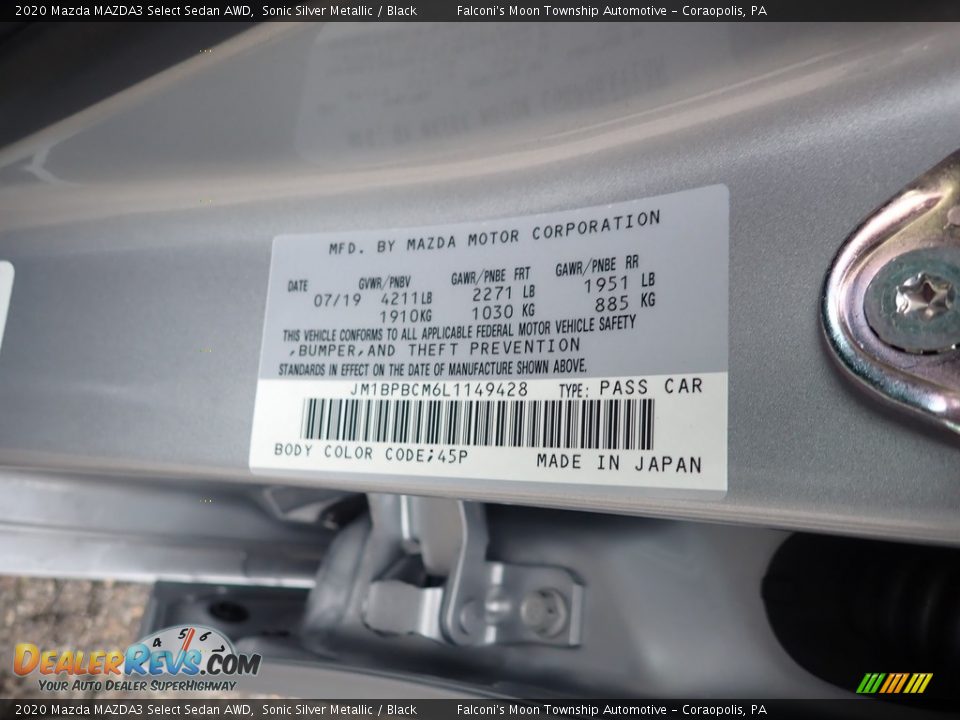 2020 Mazda MAZDA3 Select Sedan AWD Sonic Silver Metallic / Black Photo #12