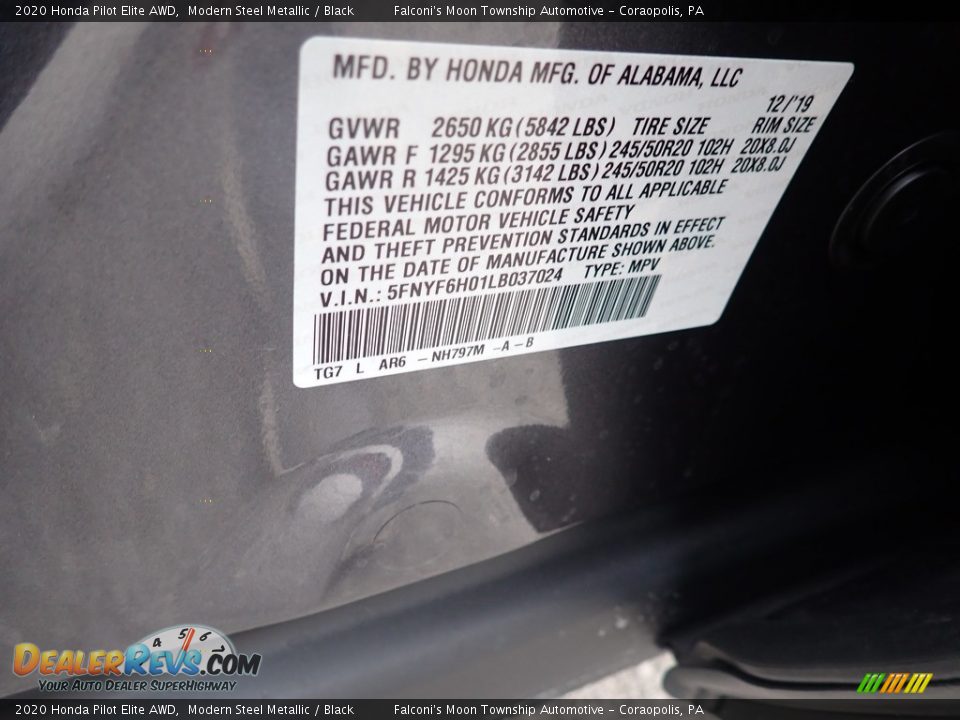 2020 Honda Pilot Elite AWD Modern Steel Metallic / Black Photo #12