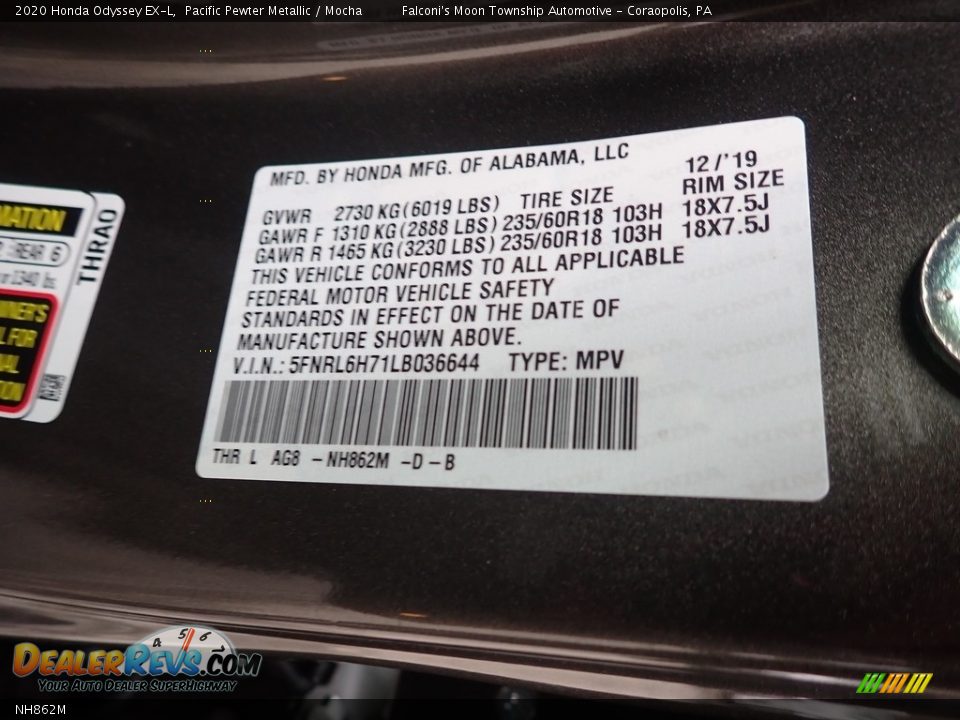 Honda Color Code NH862M Pacific Pewter Metallic