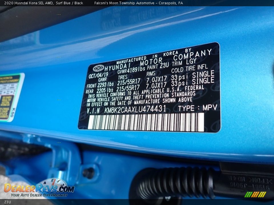 Hyundai Color Code Z3U Surf Blue