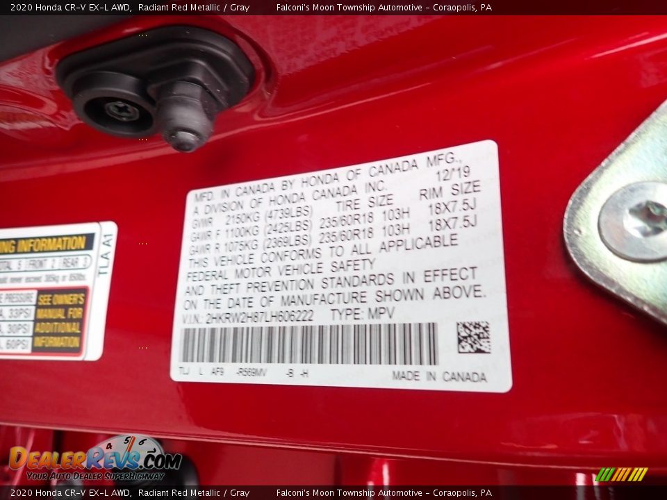 2020 Honda CR-V EX-L AWD Radiant Red Metallic / Gray Photo #12