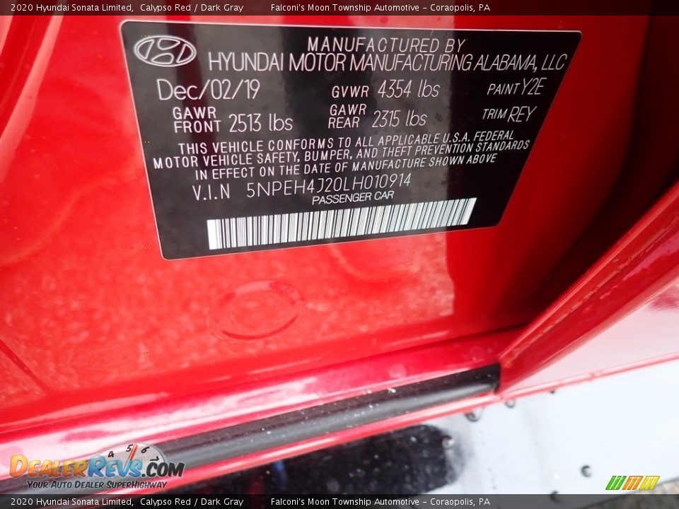 2020 Hyundai Sonata Limited Calypso Red / Dark Gray Photo #12