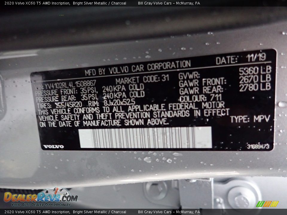 2020 Volvo XC60 T5 AWD Inscription Bright Silver Metallic / Charcoal Photo #14