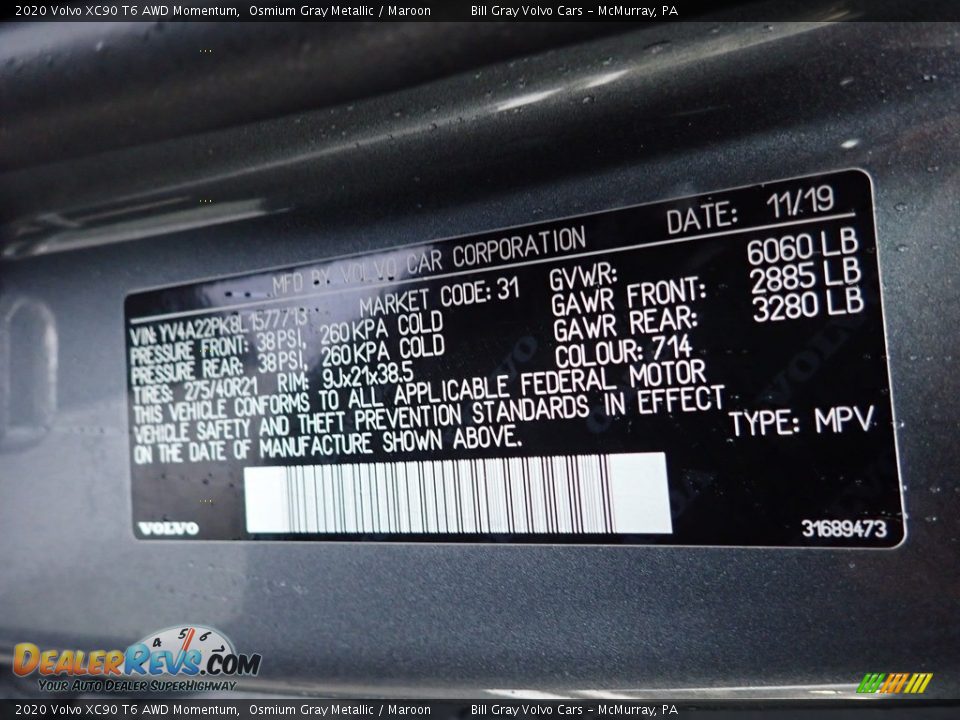 2020 Volvo XC90 T6 AWD Momentum Osmium Gray Metallic / Maroon Photo #15