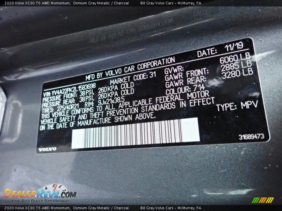 2020 Volvo XC90 T6 AWD Momentum Osmium Gray Metallic / Charcoal Photo #15