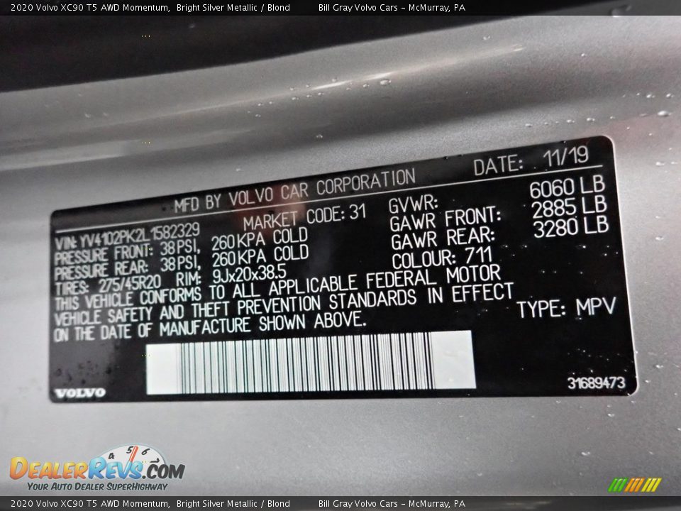 2020 Volvo XC90 T5 AWD Momentum Bright Silver Metallic / Blond Photo #15