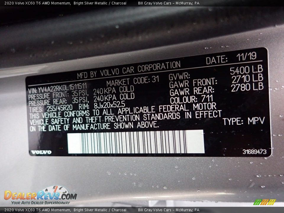 2020 Volvo XC60 T6 AWD Momentum Bright Silver Metallic / Charcoal Photo #14