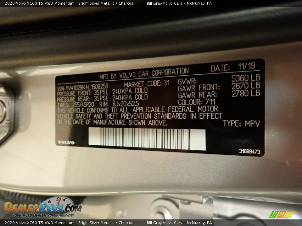 2020 Volvo XC60 T5 AWD Momentum Bright Silver Metallic / Charcoal Photo #14