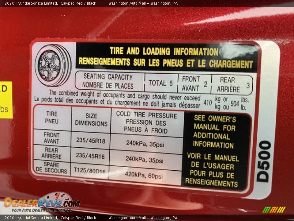 Info Tag of 2020 Hyundai Sonata Limited Photo #9